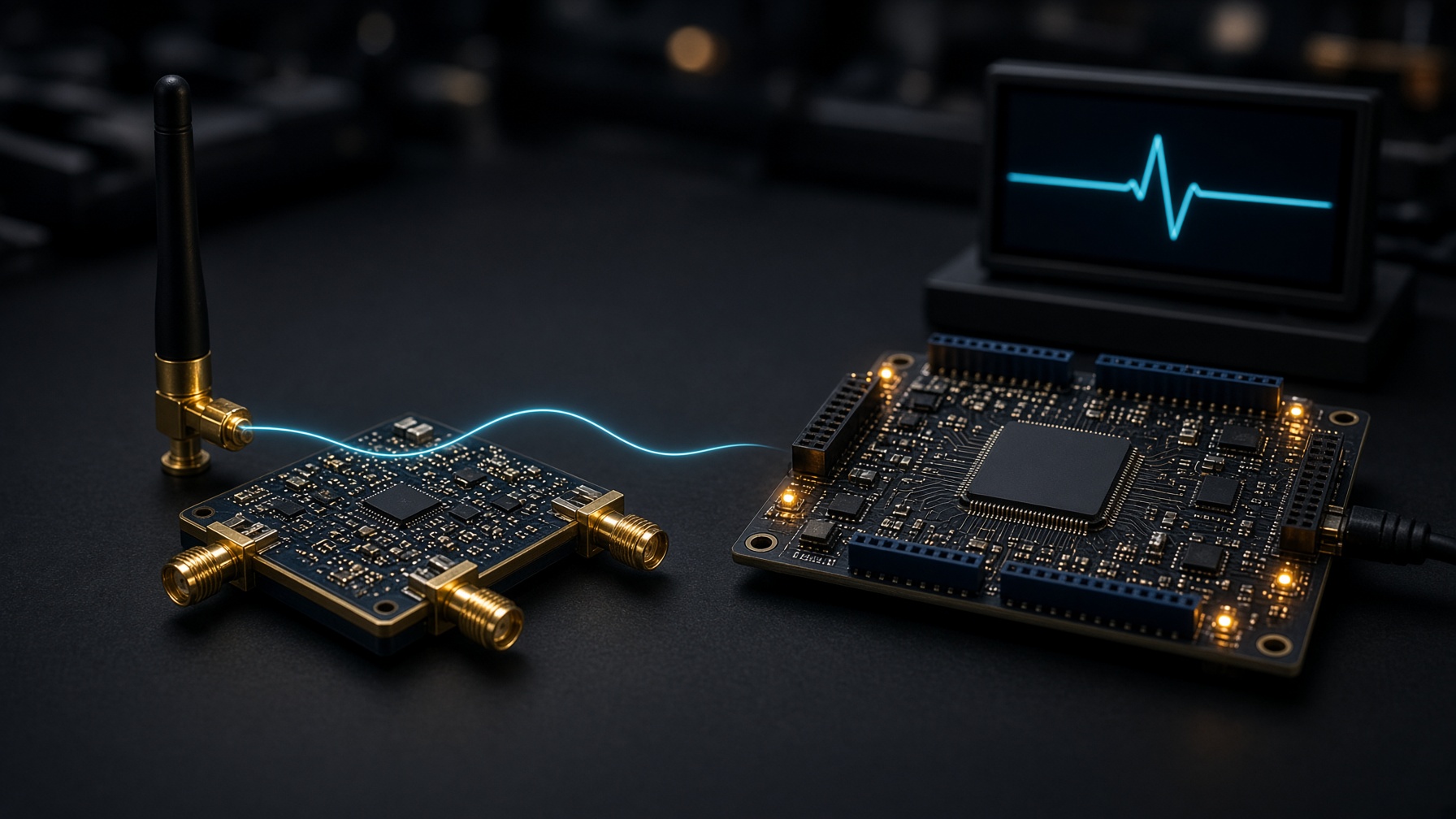 An RF front end and an FPGA board on a dark bench, with a signal captured onto a waveform display
